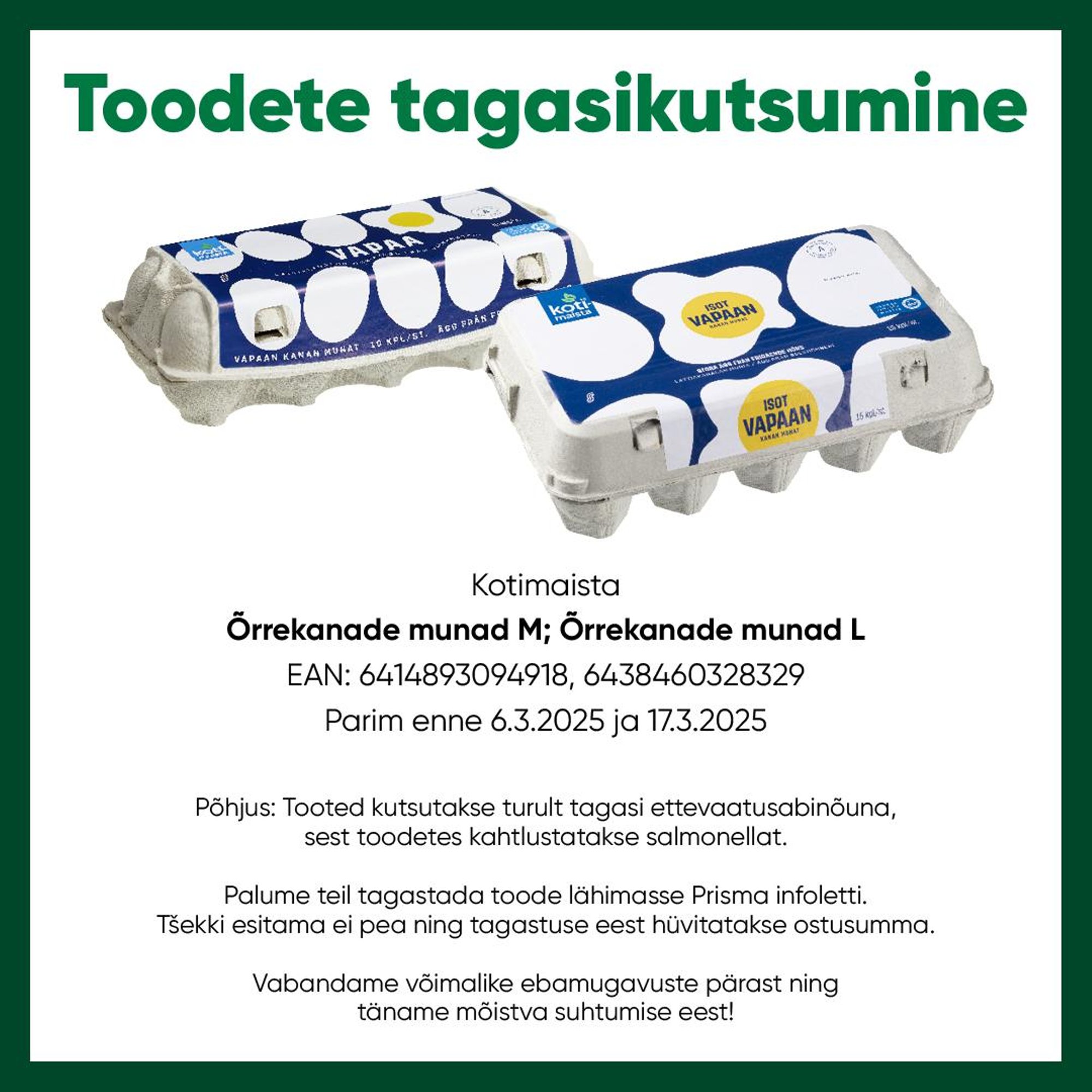 Kahtlustatakse salmonellat: Prisma kutsub Soome tootja munad tagasi