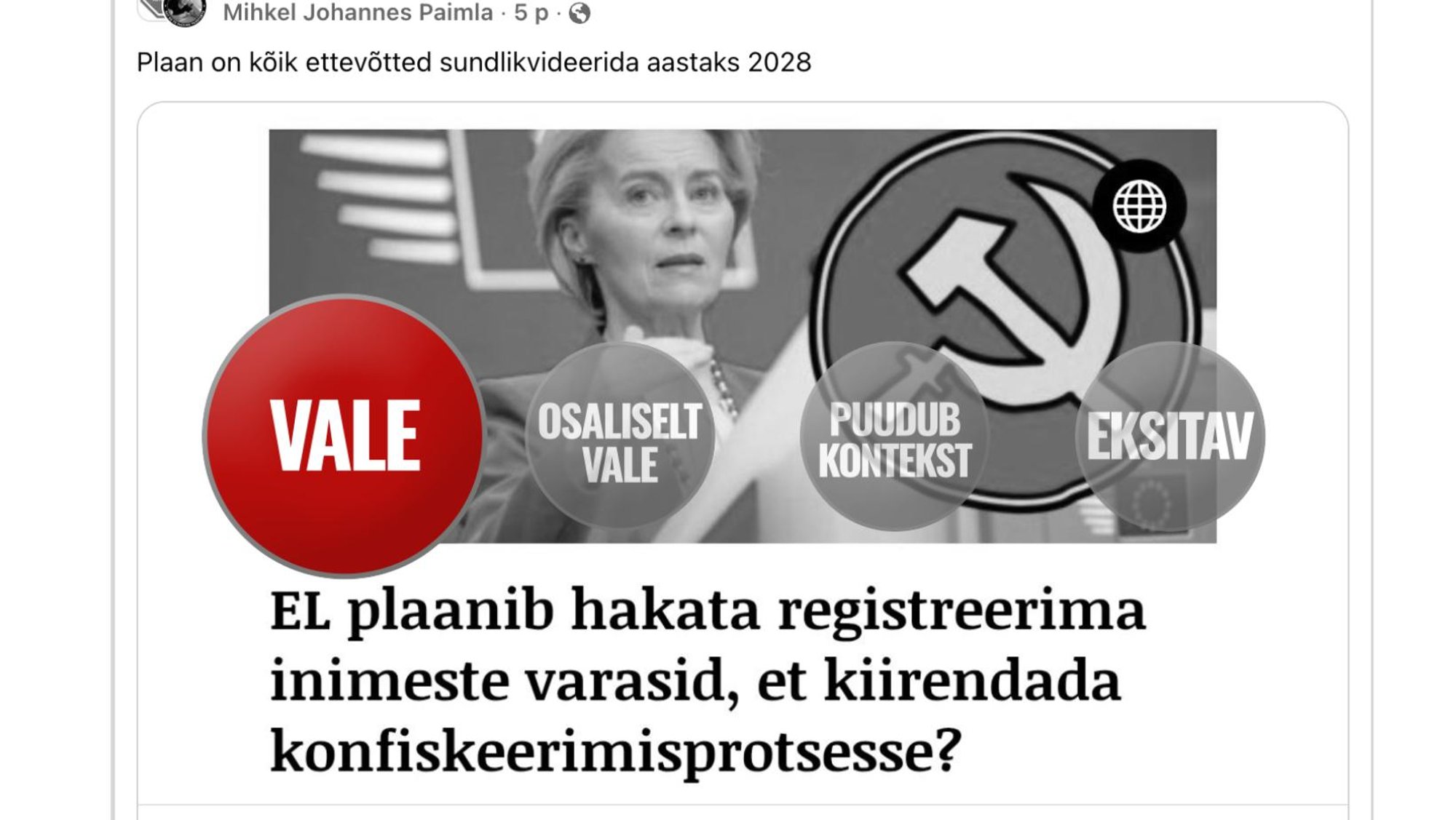 FAKTIKONTROLL | Euroopa Liidu uus Rahapesu ja Terrorismi Rahastamise Tõkestamise Amet (AMLA) ei hakka „kõikide inimeste varasid sundkonfiskeerima“