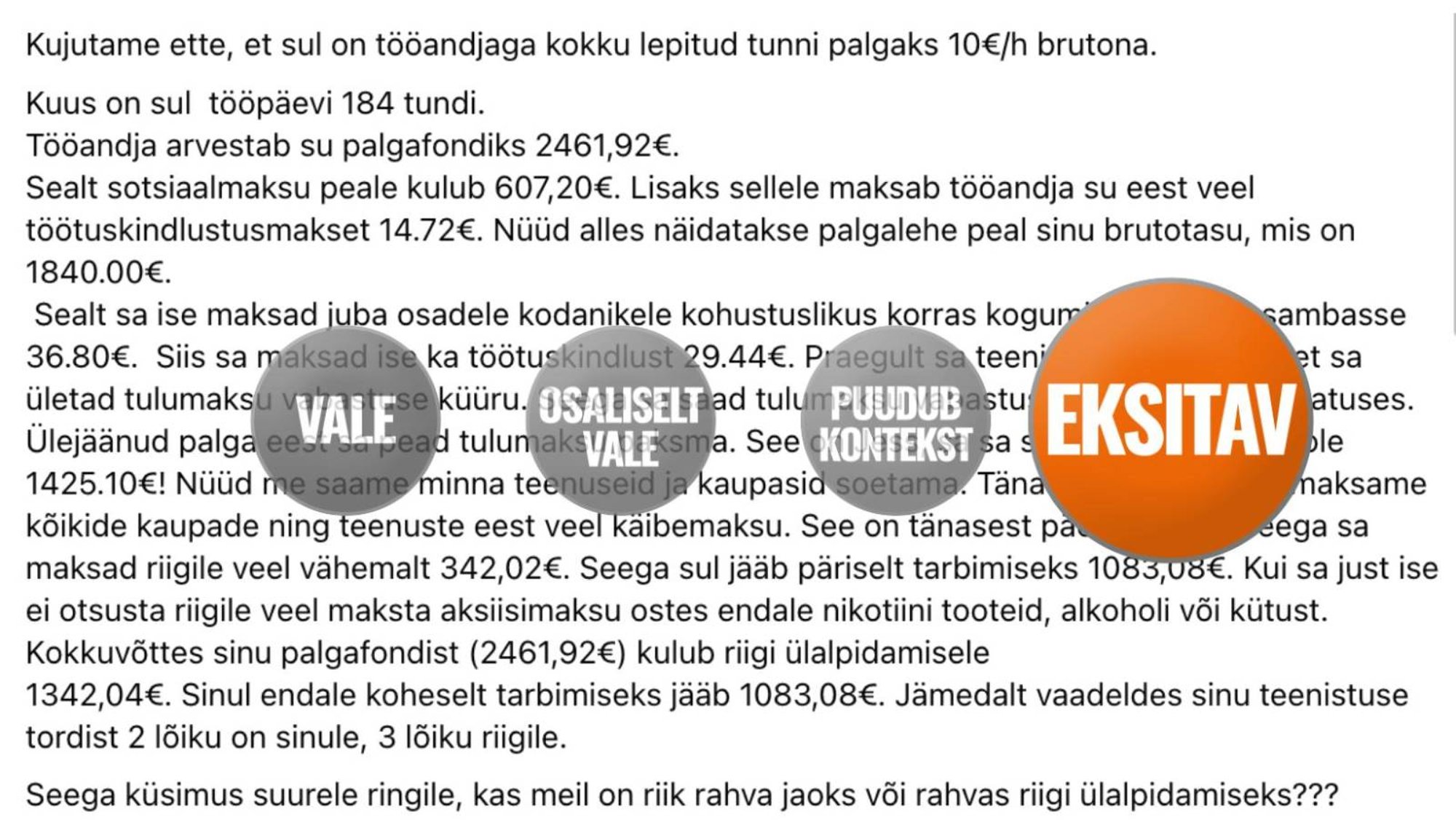 FAKTIKONTROLL | Viraalne postitus väidab, et riik kahmab sinu palgast enamiku endale. Kuidas on see tegelikult?