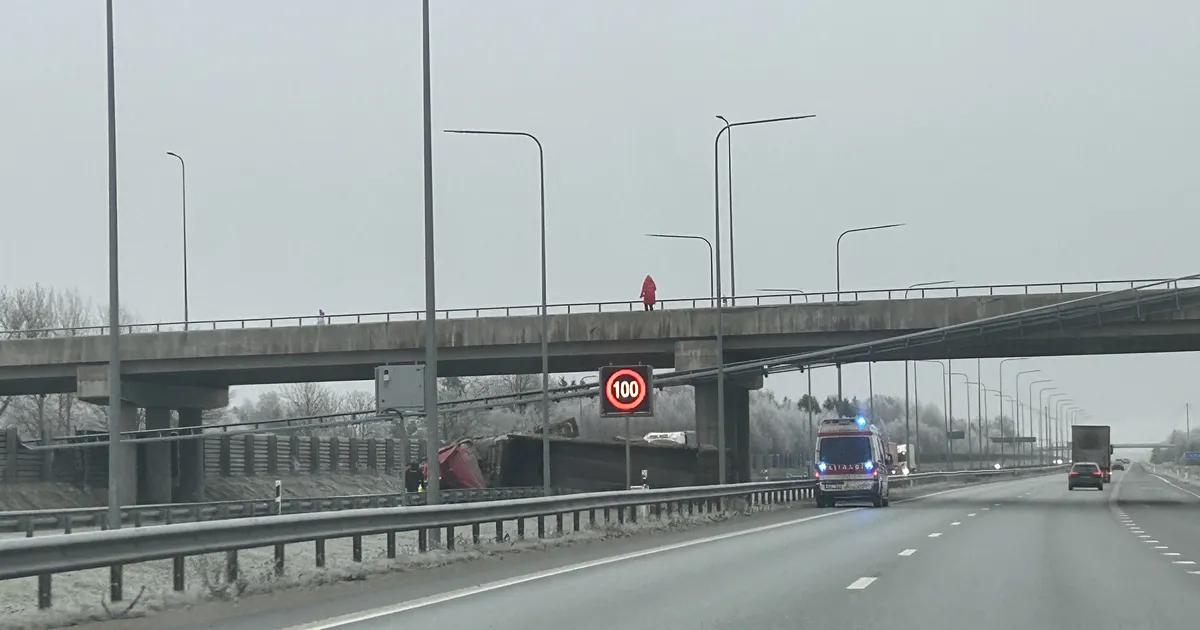 FOTOD ⟩ Haagiskalluriga veok sõitis läbi viadukti piirde alla, juht on kabiinis kinni
