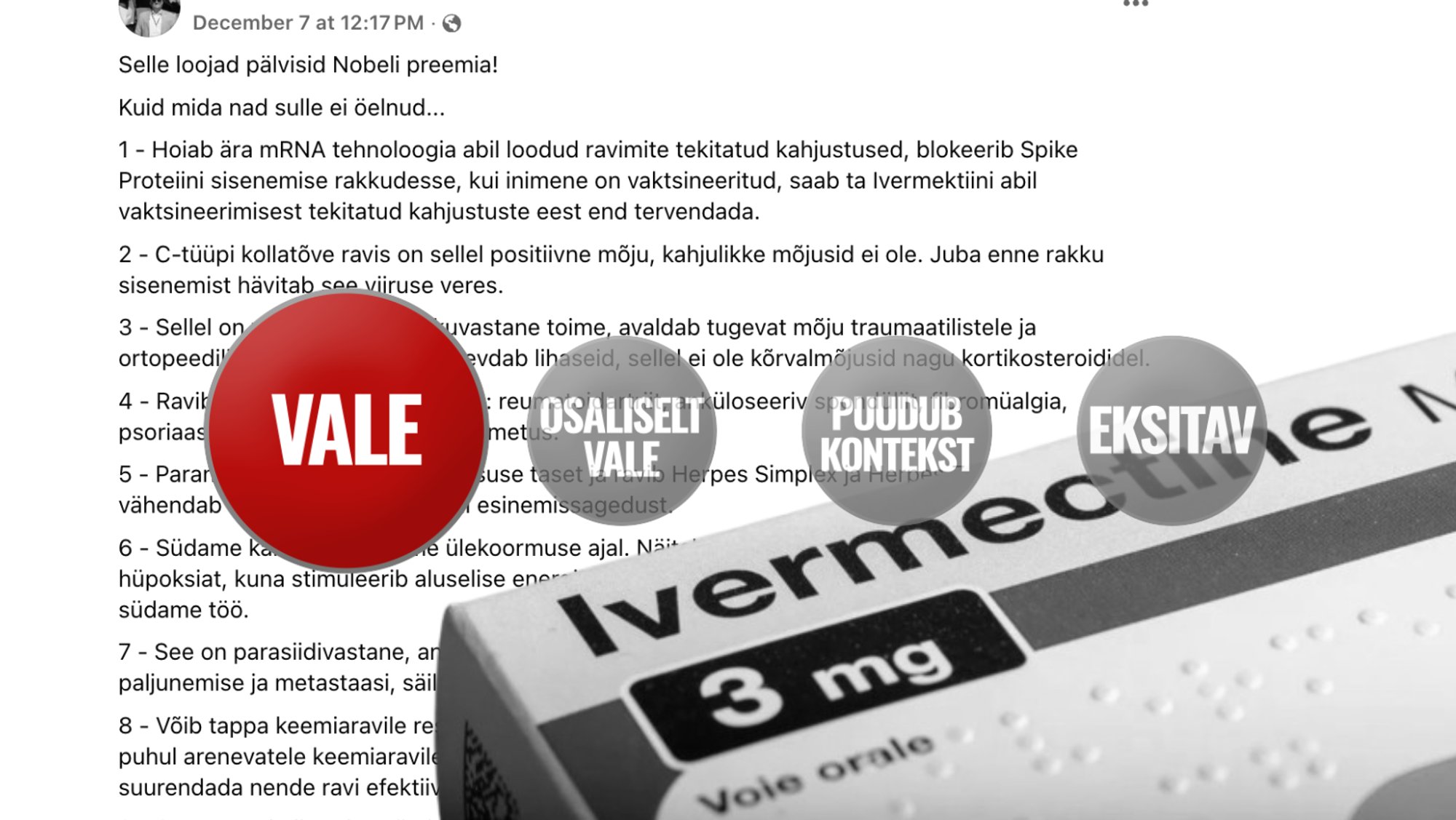 FAKTIKONTOLL | „Imeravimi“ ivermektiini kohta levib taas ohtlik valeinfo. Ei, see ei ravi koroonaviirust ega vähki